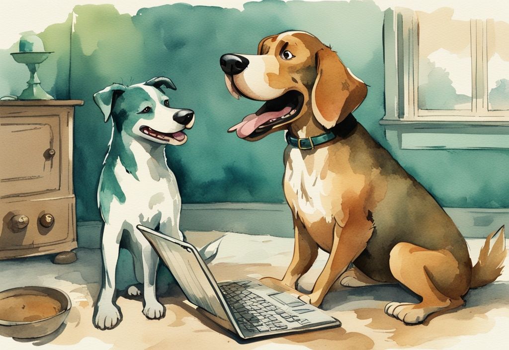 Vintage watercolor illustration of a teal-themed friendly dog yawning with a black roofed mouth beside a concerned pet owner using a digital tablet.