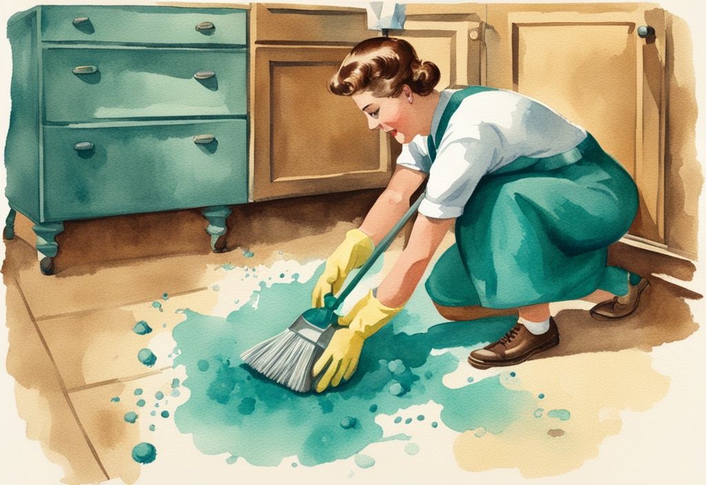 Vintage watercolor illustration of a person cleaning up dog vomit from a carpet using gloves, paper towels, a scrub brush, and cleaner; how to clean up dog puke.