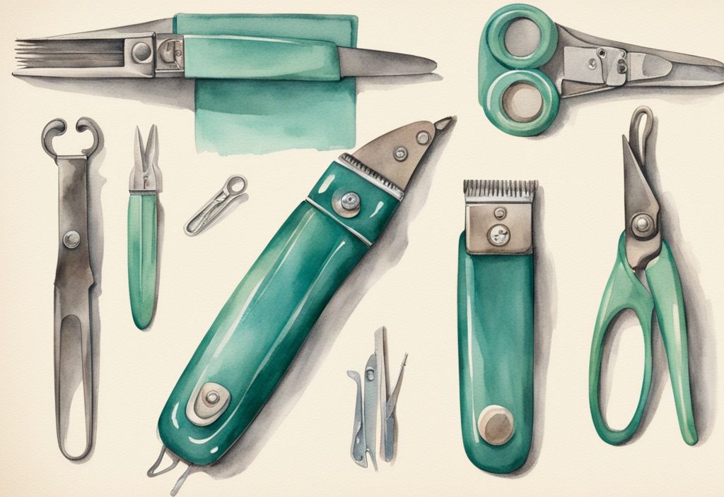 Vintage watercolor illustration of teal-themed dog nail clippers, demonstrated by hands on a groomed dog's paw.