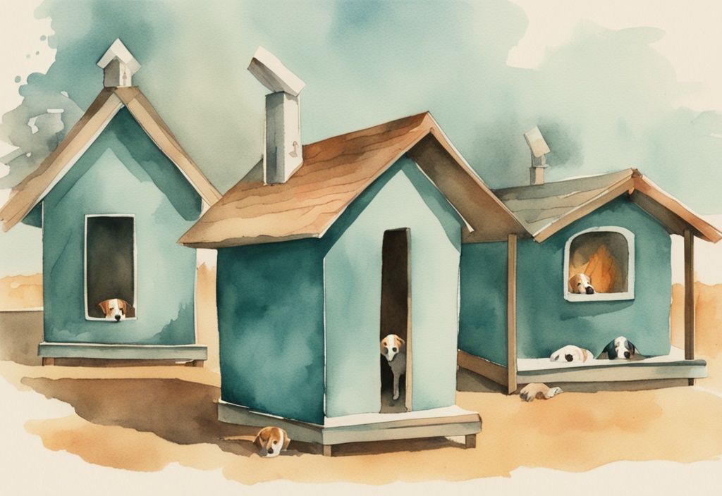 Vintage watercolor illustration of teal-themed dog houses with unique heater systems emitting a warm glow, showcasing effective heating solutions.