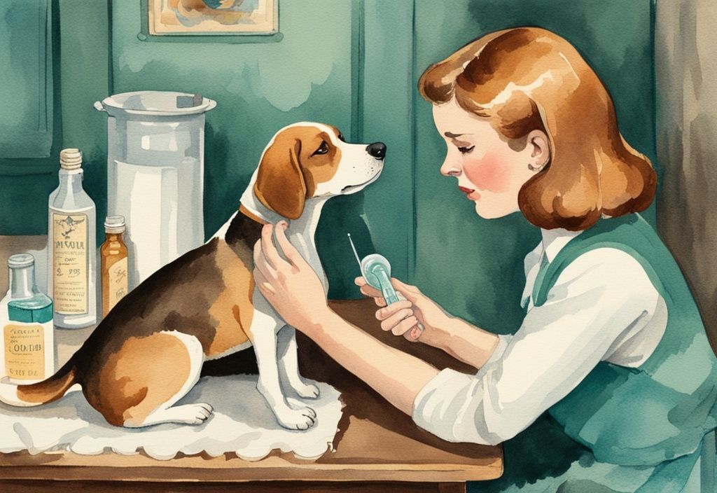 Vintage watercolor of a pet owner examining a Beagle's swollen ear with teal theme, featuring dog ear drops and cotton swabs.