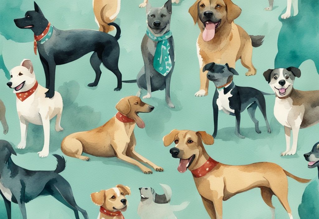 Vintage watercolor illustration of diverse rescue dogs in a park, wearing celebratory accessories for National Rescue Dog Day, with a teal color theme.