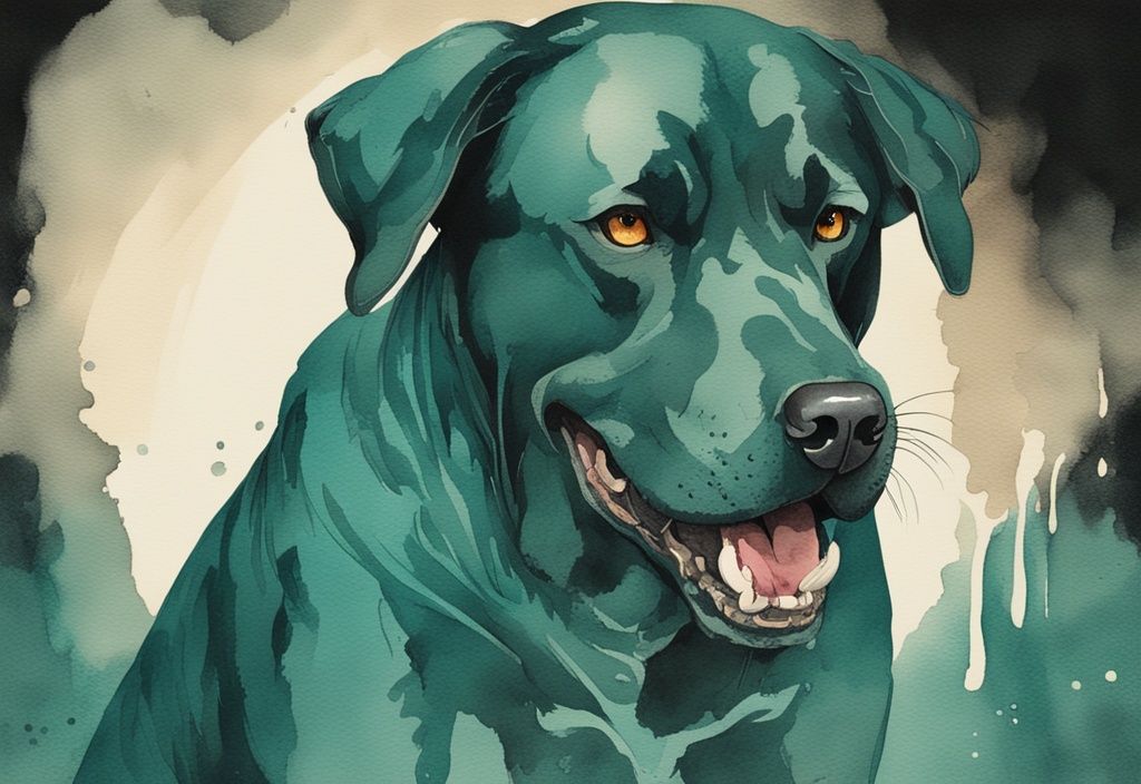 Vintage watercolor illustration of a menacing large breed dog with glowing eyes and bared teeth against a dark, ominous background, teal color theme.