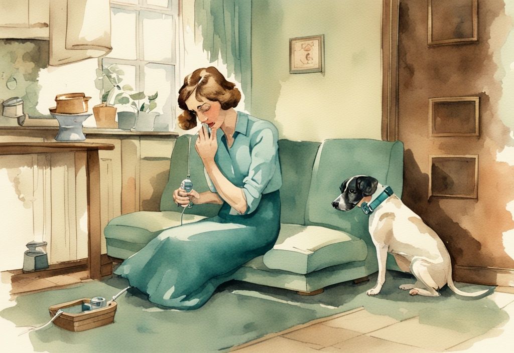 Vintage watercolor illustration of a concerned pet owner giving oxygen to their dog at home using a specialized pet oxygen mask, answering the question of how can I give my dog oxygen at home, with a teal color theme.