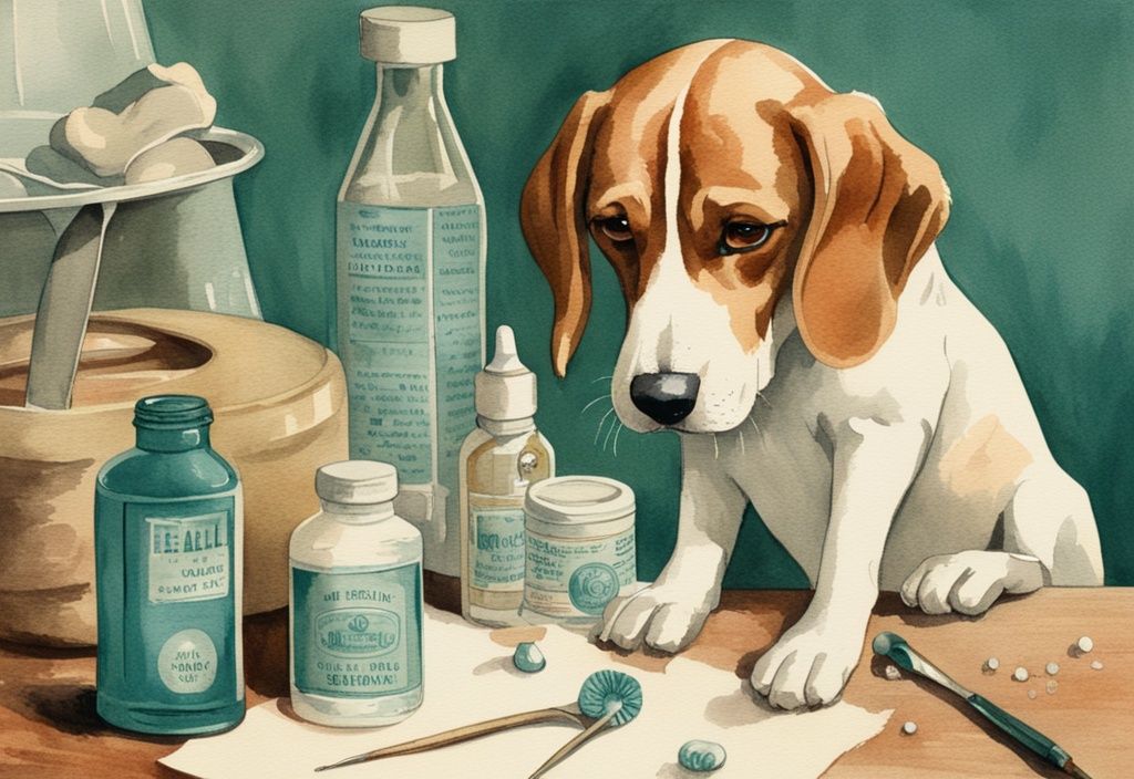 Vintage watercolor of concerned pet owner examining Beagle's swollen ear with teal theme; dog ear drops and cotton swabs on table.