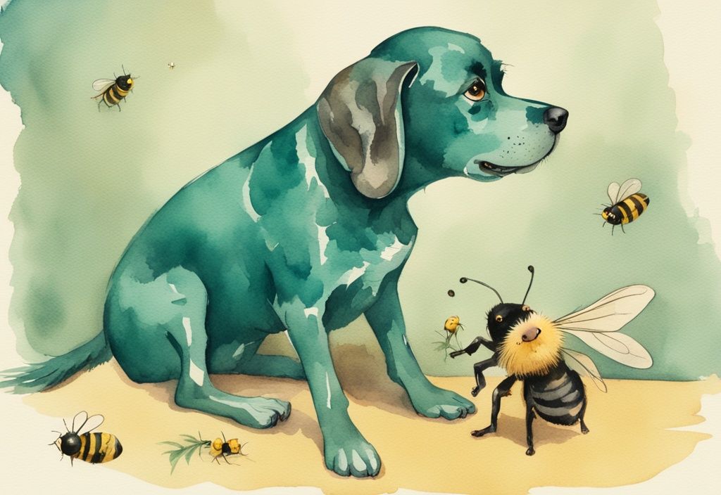 Vintage watercolor illustration of a surprised dog lifting its paw with a bee stuck to it, highlighting the theme "my dog stepped on a bee" in teal color tones.