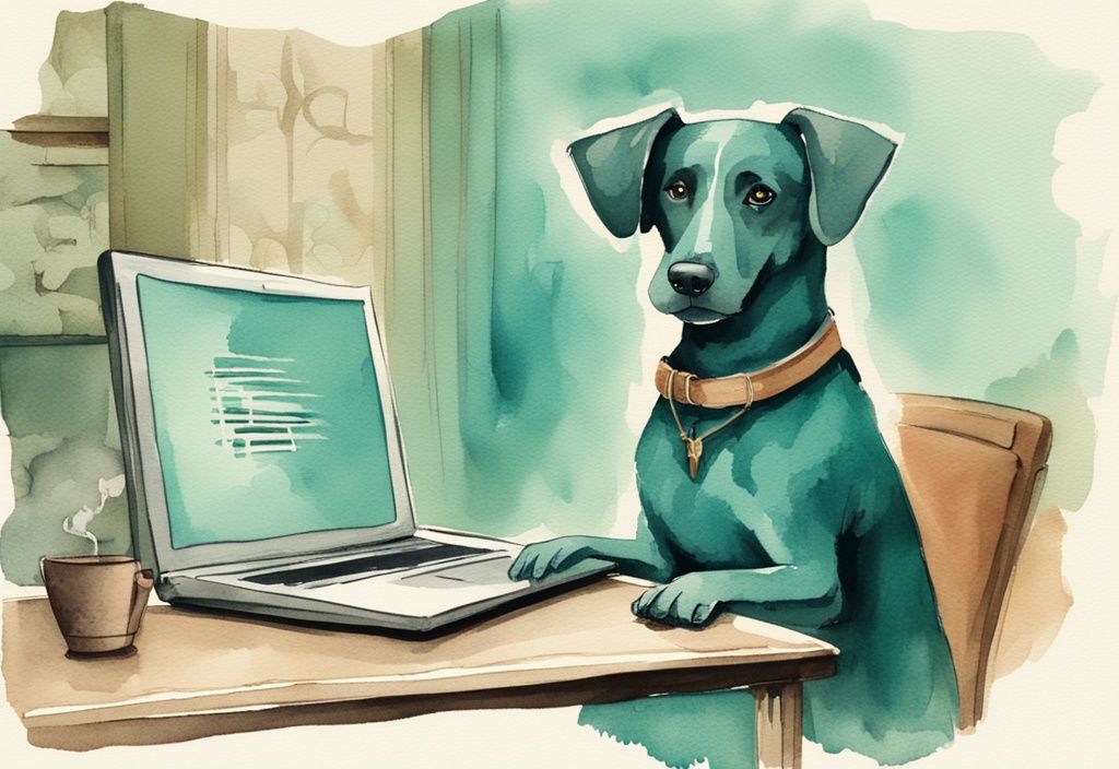 Vintage watercolor illustration of a teal-themed dog reading laptop reviews, highlighting 'dog is human review' concept.