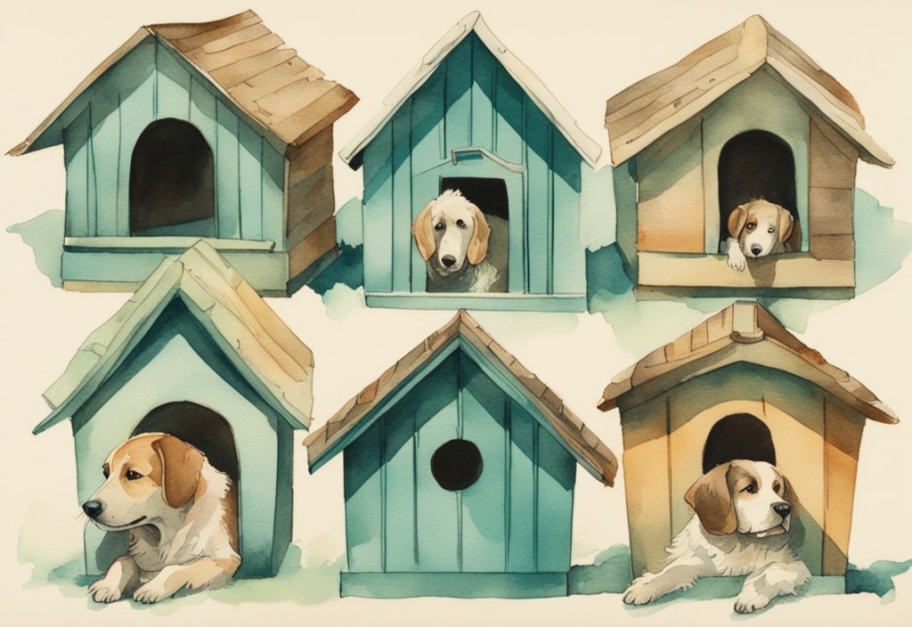 Vintage watercolor illustration of teal-themed dog houses with unique heaters emitting a warm glow.