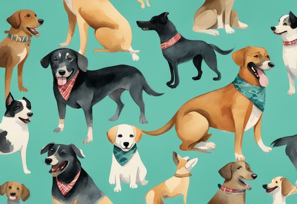 Vintage watercolor illustration of diverse rescue dogs in a park, each wearing bandanas for National Rescue Dog Day, with a teal color theme.