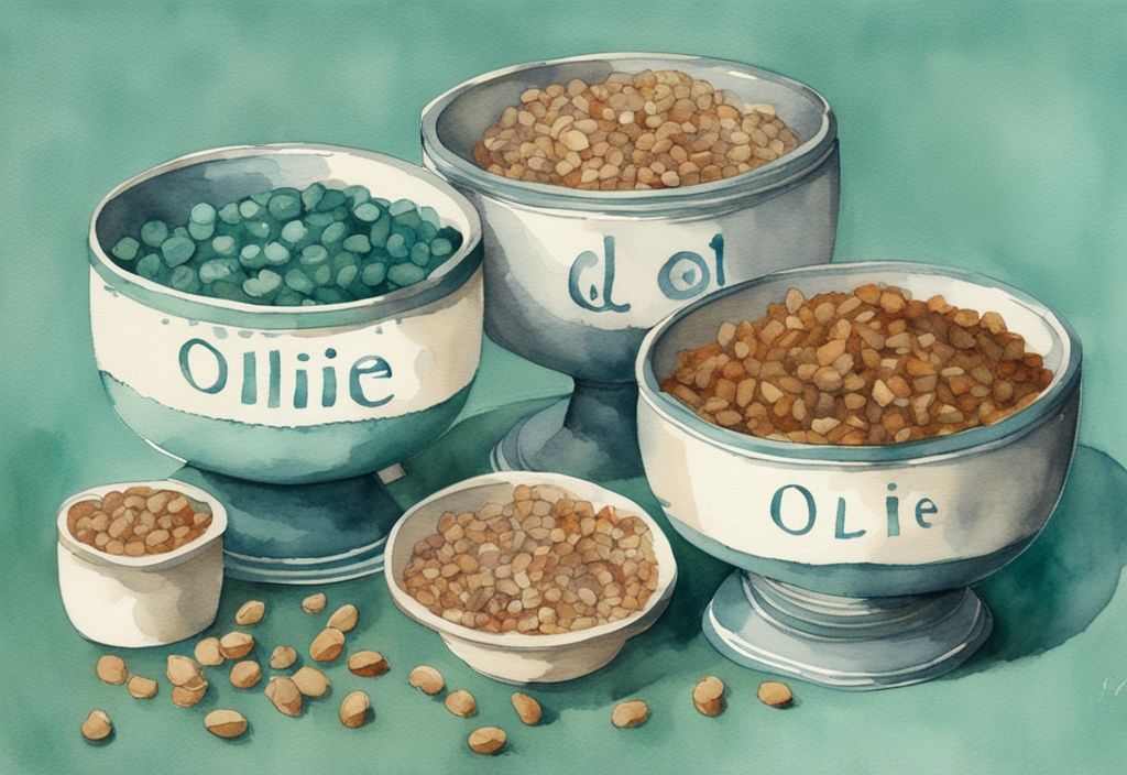 Vintage watercolor illustration of teal-themed dog food comparison featuring labeled bowls of Ollie and Farmer's Dog surrounded by wholesome ingredients.