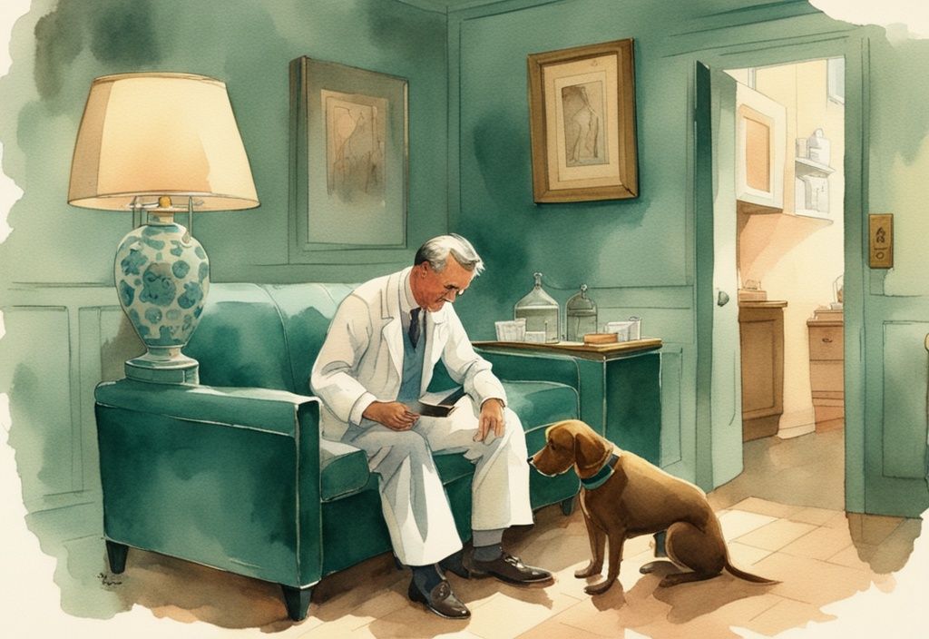 A vintage watercolor illustration of a solemn decision-making moment in a consultation room, featuring an owner and veterinarian discussing when to euthanize a dog with liver failure, with a sick dog resting between them, in a teal color theme.