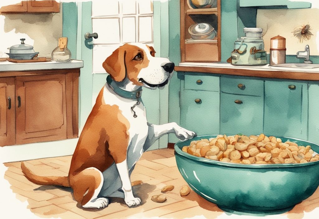 Vintage watercolor illustration of a confused dog beside a full food bowl, reaching for a treat in a person's hand, with a teal color theme.