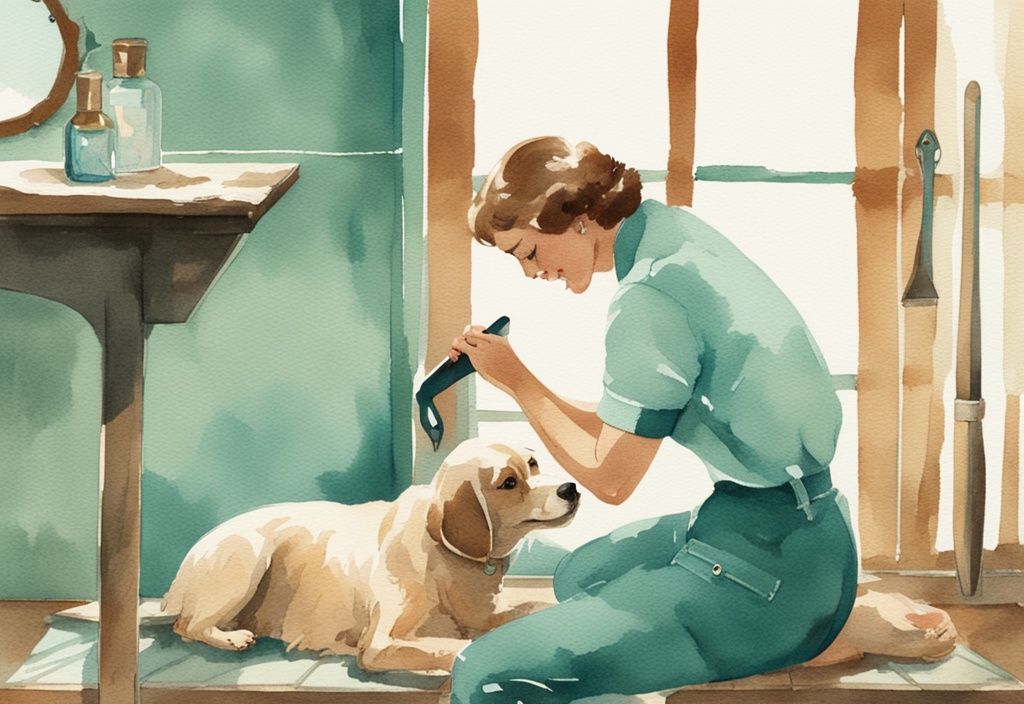 Vintage watercolor illustration of a person using a specialized deshedding tool on their dog indoors, demonstrating how to deshed a dog, with a teal color theme.