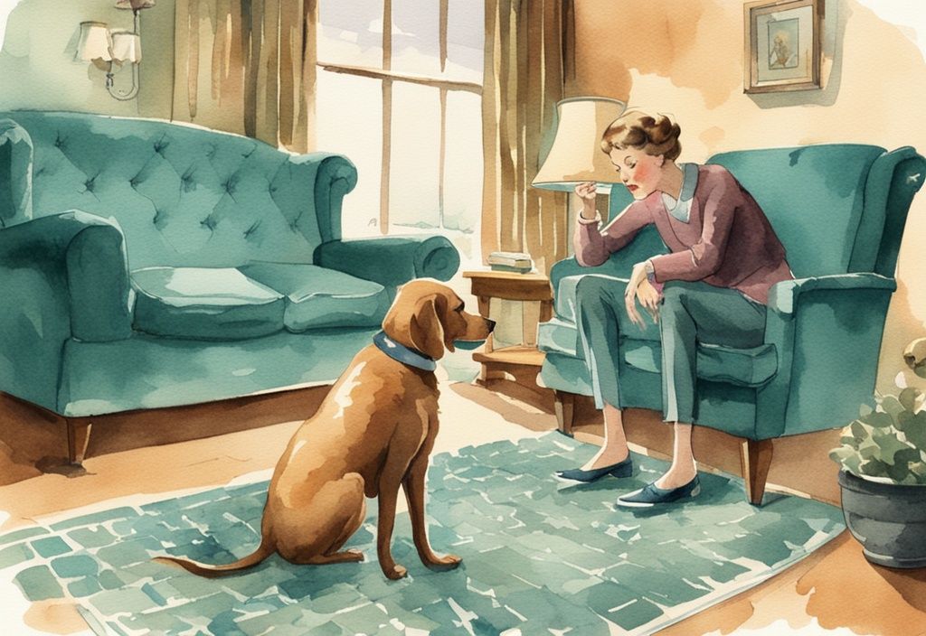 Vintage watercolor illustration of a dog owner watching their dog scratch a teal-themed living room carpet.