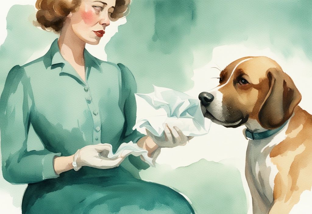 Vintage watercolor illustration of a teal-themed scene featuring a dog mid-sneeze, with a tissue box and concerned owner in the background, highlighting the issue of my dog keeps sneezing.