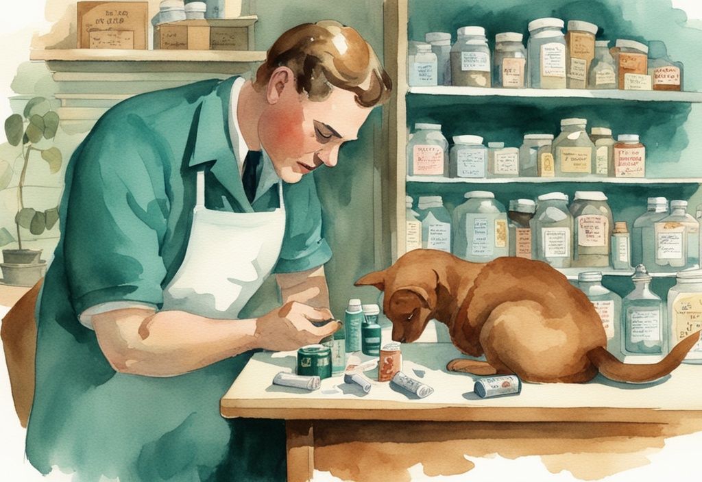 Vintage watercolor illustration of a vet discussing with a concerned pet owner, featuring teal hues and over-the-counter drugs on the table, related to how to euthanize a dog with over the counter drugs.