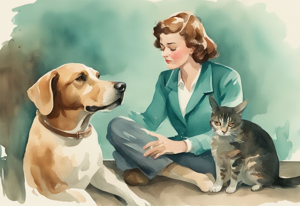 Vintage watercolor illustration of a compassionate veterinarian discussing with upset pet owners, related to how to euthanize a dog with Benadryl, featuring a teal color theme.