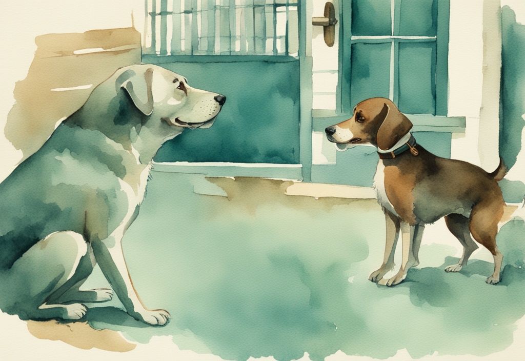 Vintage watercolor illustration of a teal-themed dog looking confused and tilting slightly, capturing the moment when my dog is wobbly and off balance all of a sudden.