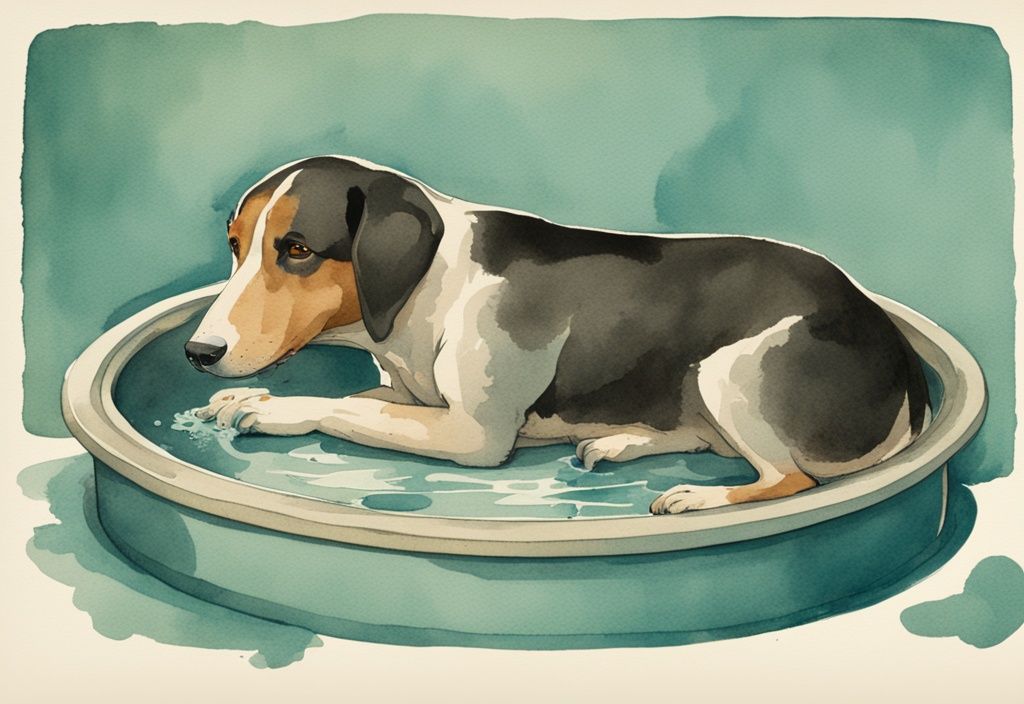 Vintage watercolor illustration of a teal-themed time-lapse showing a dog becoming lethargic beside an empty water dish, highlighting the importance of regular water supply for dogs.