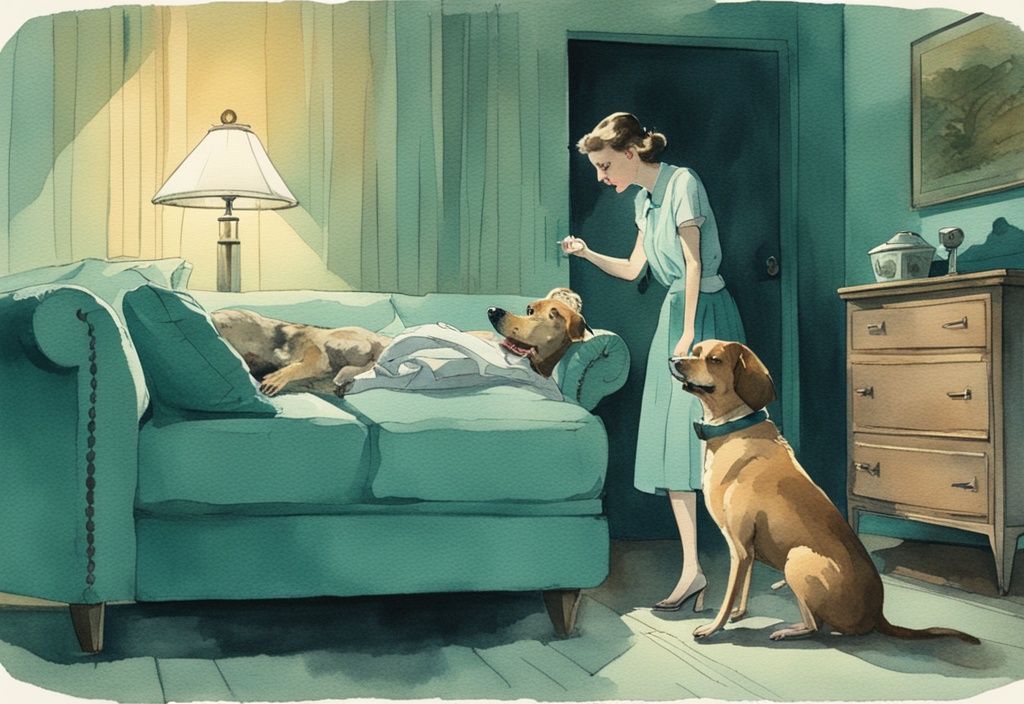 Vintage watercolor illustration of a worried dog owner watching her dog pant heavily at night, teal color theme.