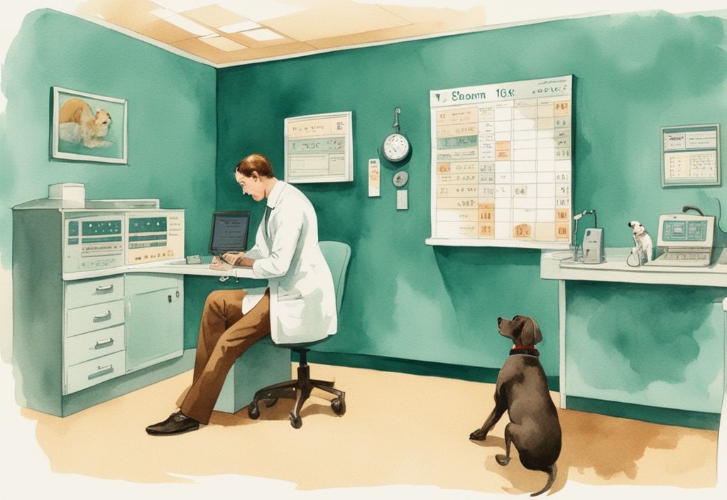 Vintage watercolor illustration of a vet examining a CT scan result with a concerned pet owner in a clinic, featuring a teal color theme and a price chart for dog CT scans.