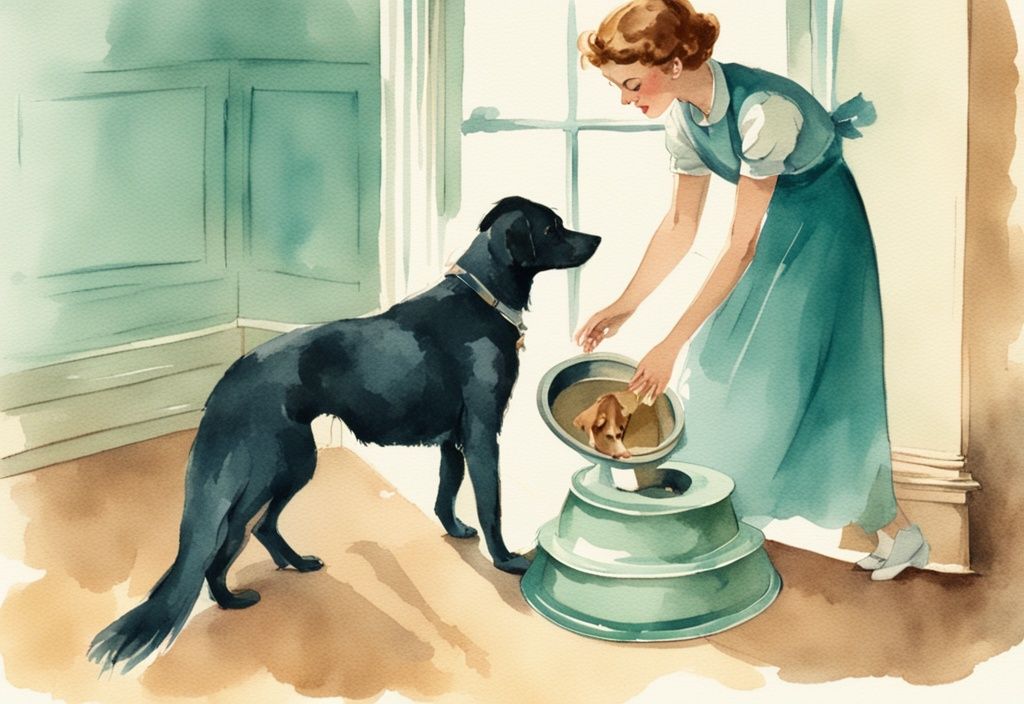 Vintage watercolor illustration of a concerned pet owner observing their dog exhibiting unusual behaviors like spinning, hiding, and refusing food, with a teal color theme.