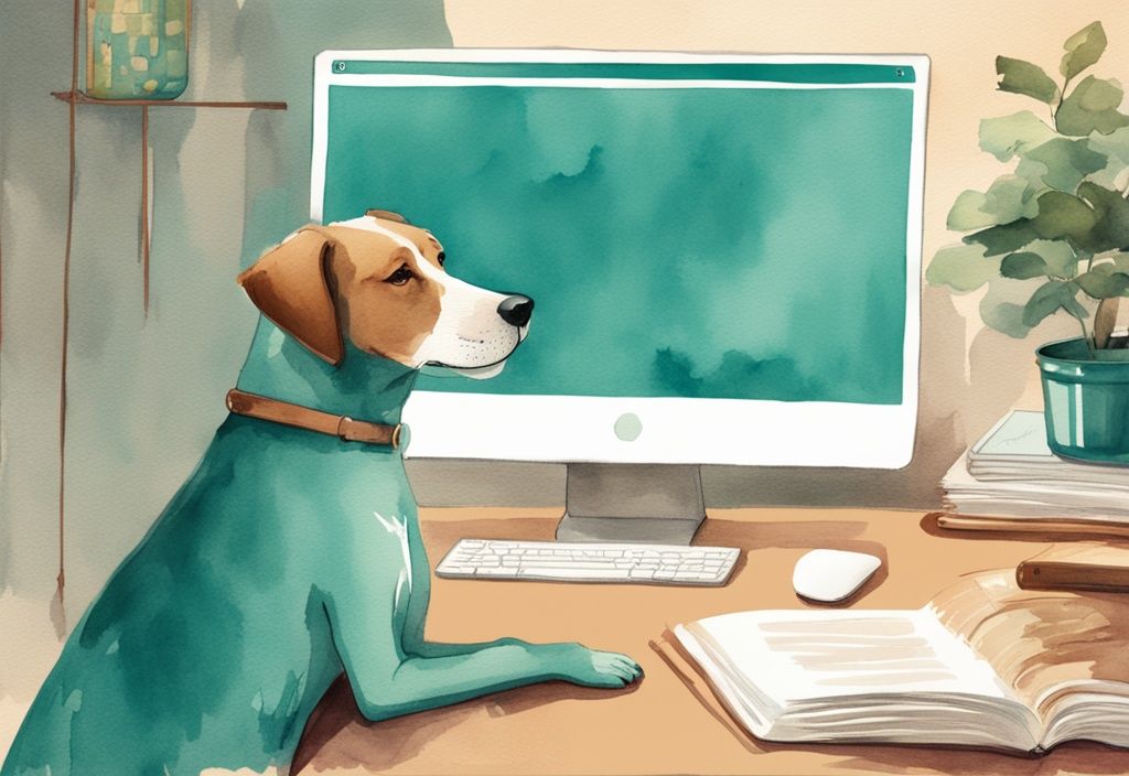 Vintage watercolor illustration of a teal-themed dog sitting in front of a laptop reading online reviews, concept of 'dog is human review'.