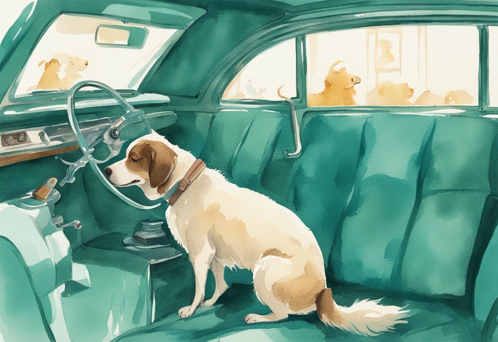 Vintage watercolor illustration of a teal-themed car interior being cleaned of dog hair with a vacuum and brushes.