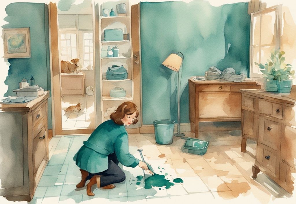 Vintage watercolor illustration of a person cleaning a mess on the floor with a guilty-looking pet dog nearby, teal color theme.