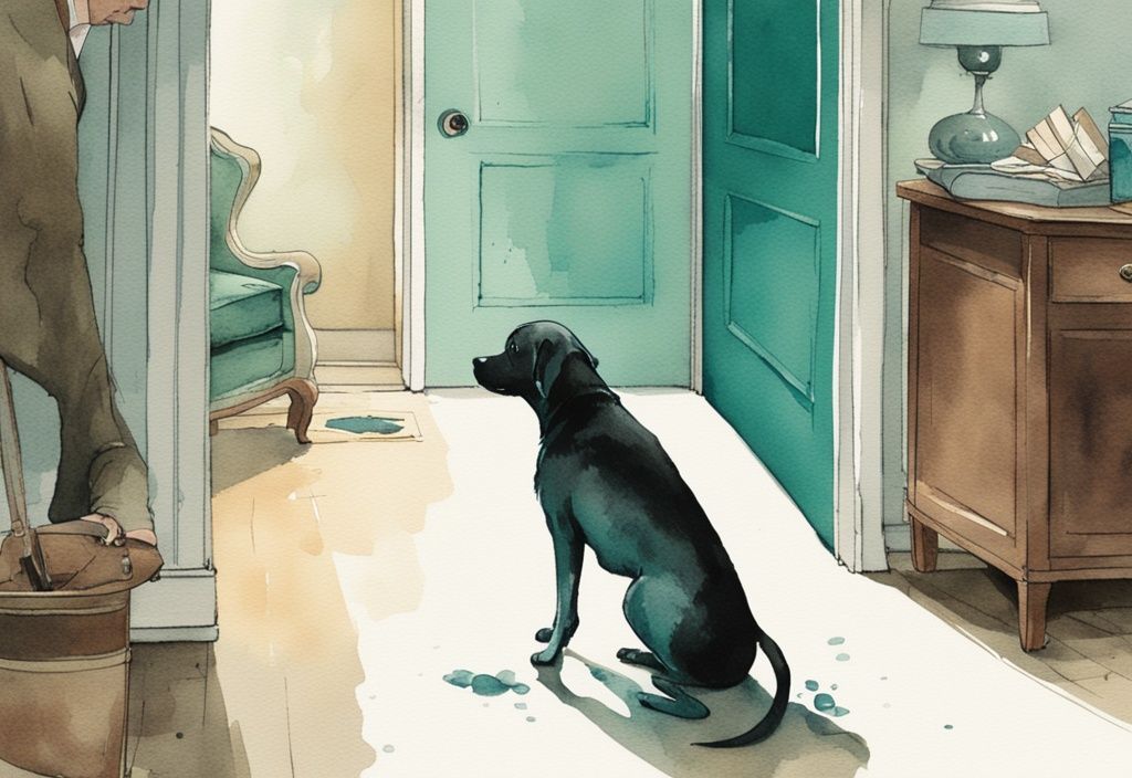 Vintage watercolor illustration of a distressed dog hiding in a corner with a concerned owner observing, exploring the theme "why is my dog suddenly hiding in corners" in teal colors.