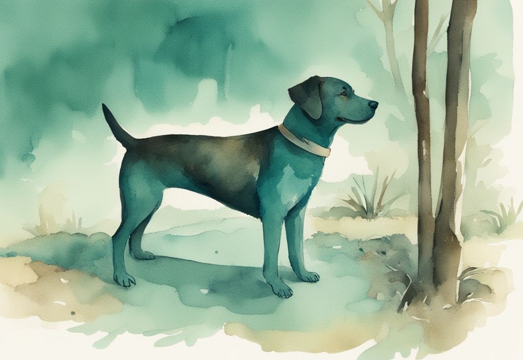 Vintage watercolor illustration of a teal-themed scene showing a dog is dry heaving but acting normal in a calm environment.