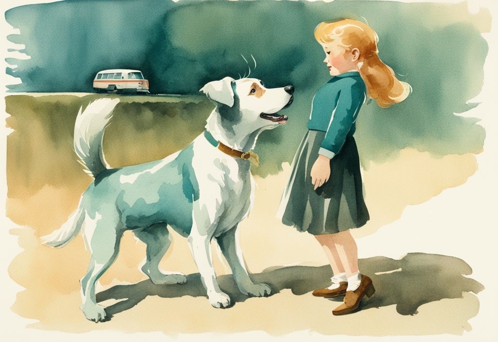 Vintage watercolor illustration of a teal-themed dog with erratic behavior, shaking and twitching, observed by a concerned owner.