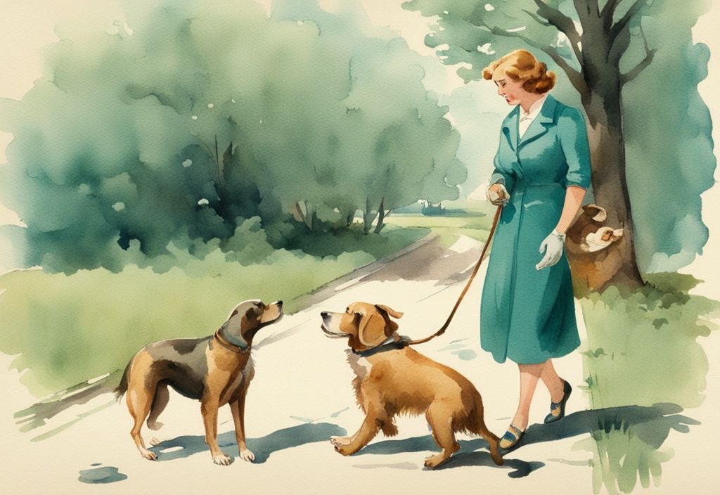 Vintage watercolor illustration of a dog owner encouraging pet to defecate, teal color theme, tips for expedited relief during walk.