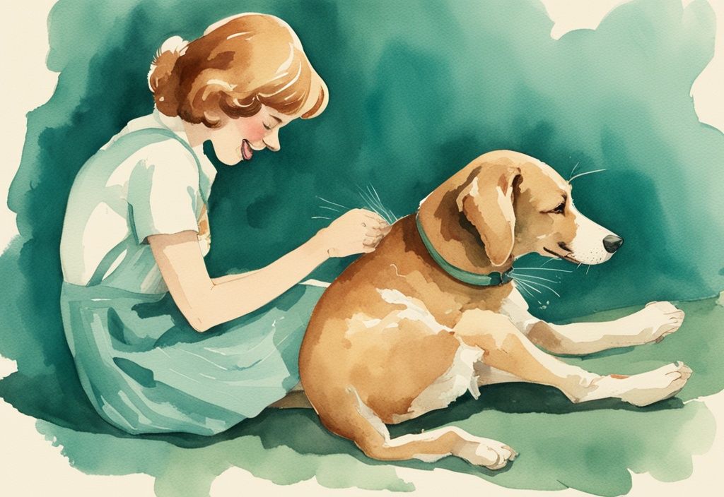 Vintage watercolor illustration of a playful dog cheerfully gnawing on a bone while lying on a puzzled owner's lap, addressing the question: why does my dog chew his bone on me.