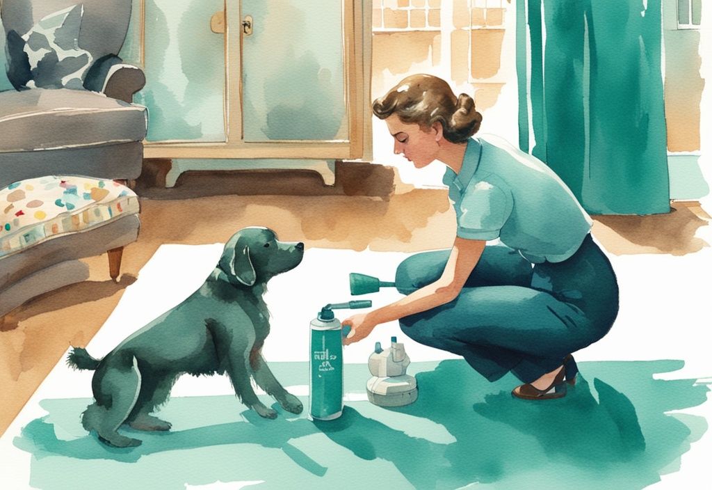 Vintage watercolor illustration of a person kneeling and spraying a product on a carpet, with a dog toy and pet in the background, demonstrating how to get dog smell out of a carpet, in a teal color theme.