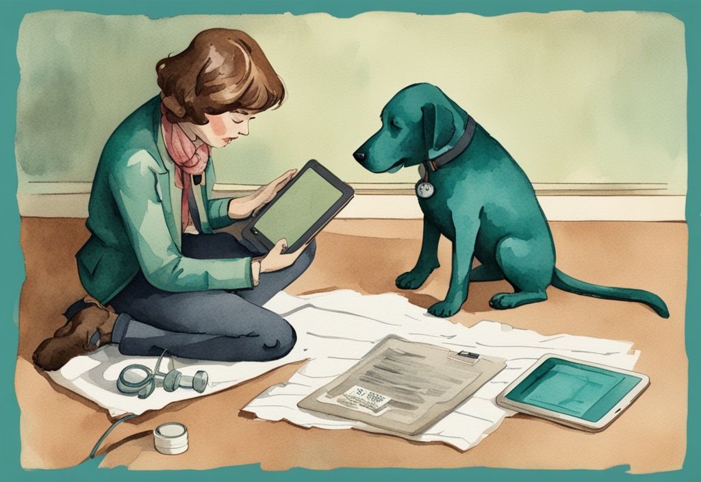 Vintage watercolor illustration of a distressed dog owner using a tablet medical guide, with a teal color theme, and a sad, inactive dog laying nearby.