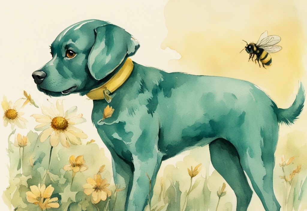 Vintage watercolor illustration of a teal-themed curious dog with swollen lips and puzzled expression after bee encounter.