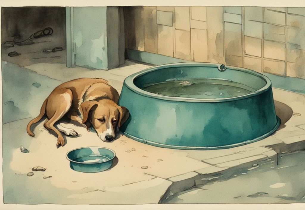 Vintage watercolor illustration of a dog becoming lethargic beside an empty water dish, highlighting the importance of regular hydration in dogs, with a teal color theme.