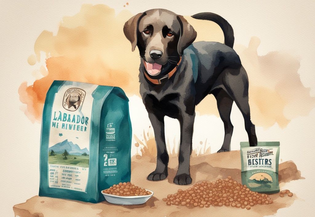 Vintage watercolor illustration of a Labrador Retriever enjoying Badlands Ranch dog food, with product bag and 5-star rating graphic, highlighting a positive Badlands Ranch dog food review.