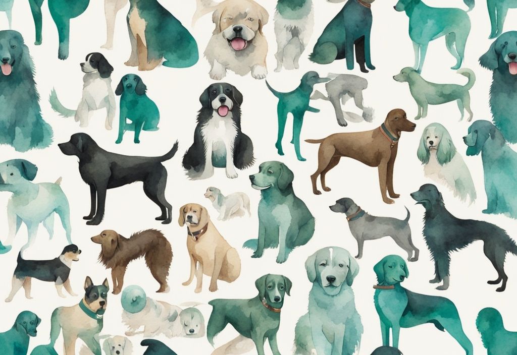 Vintage watercolor illustration of various dog breeds in a playful park setting, featuring a teal color theme.