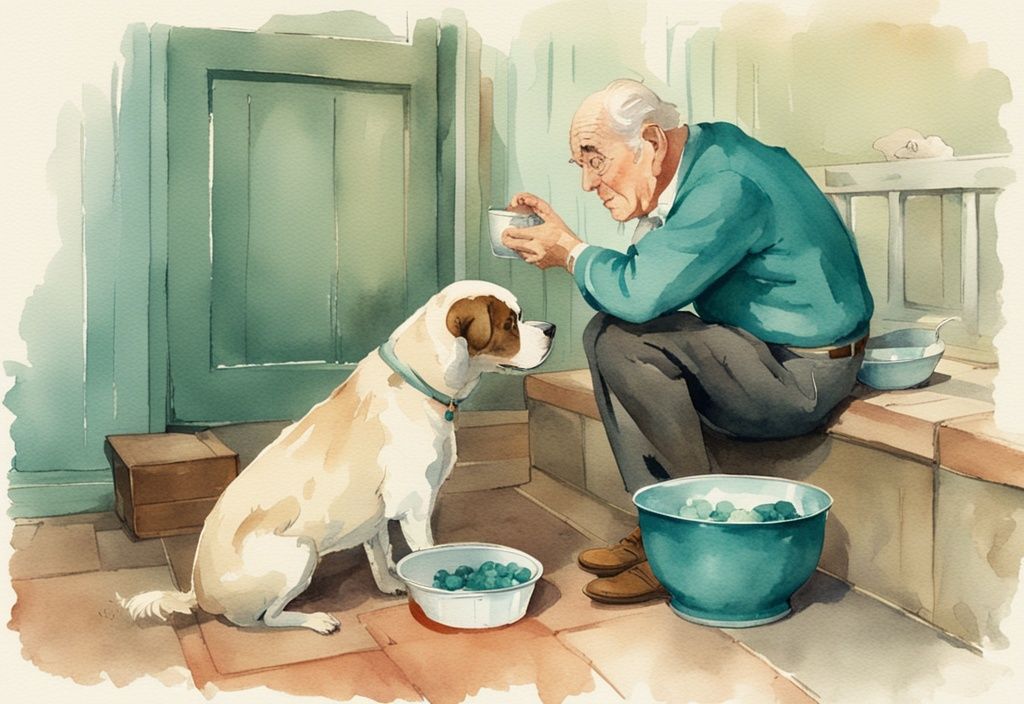 Vintage watercolor illustration of a concerned pet owner watching their elderly dog ignore its food bowl, highlighting the issue of why is my senior dog not eating, with a teal color theme.