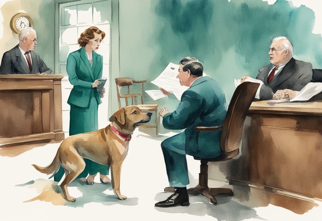 Vintage watercolor illustration of upset dog owner with lawyer, teal theme, depicting dog fight and legal documents in background.