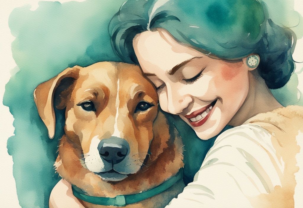 Vintage watercolor illustration of an owner hugging their dog, depicting happiness and deep bonding, answering the question "why do I love my dog so much" with a teal color theme.