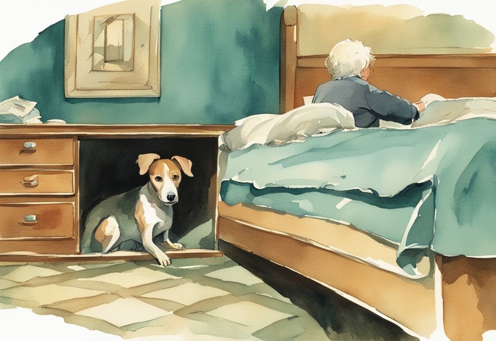 Vintage watercolor illustration of a frightened dog peeking from under a bed with a worried owner, teal color theme.