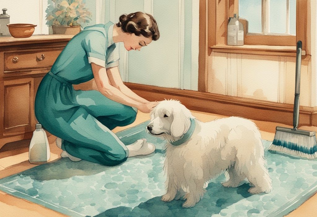 Vintage watercolor illustration of person kneeling on carpet with fluffy dog, using natural cleaning products and scrubbing brush, teal color theme.