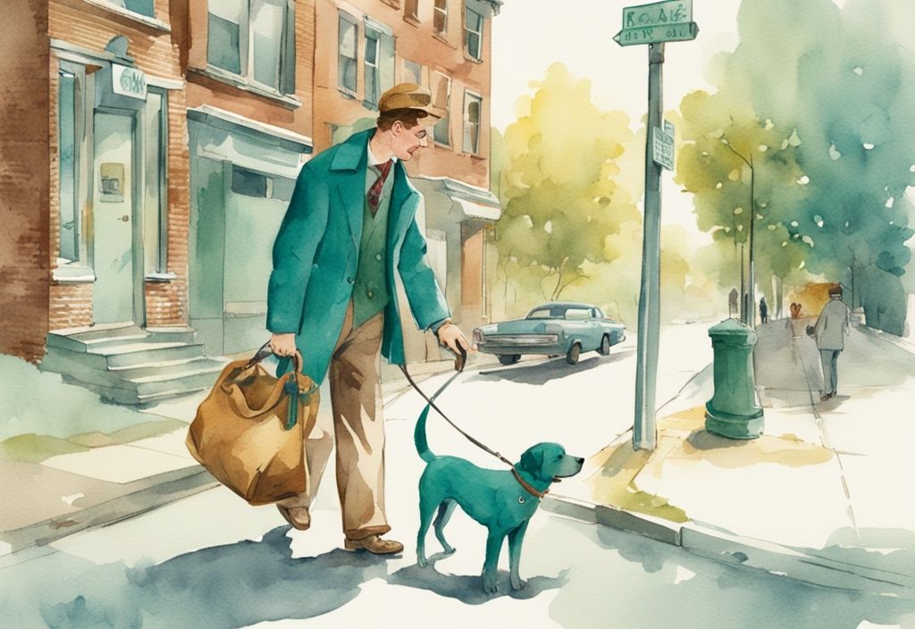 Vintage watercolor illustration of a responsible dog owner in a city, demonstrating what does curb your dog mean by guiding their pet away from the road and towards the curb, while holding a leash and carrying a cleanup bag, with a teal color theme.