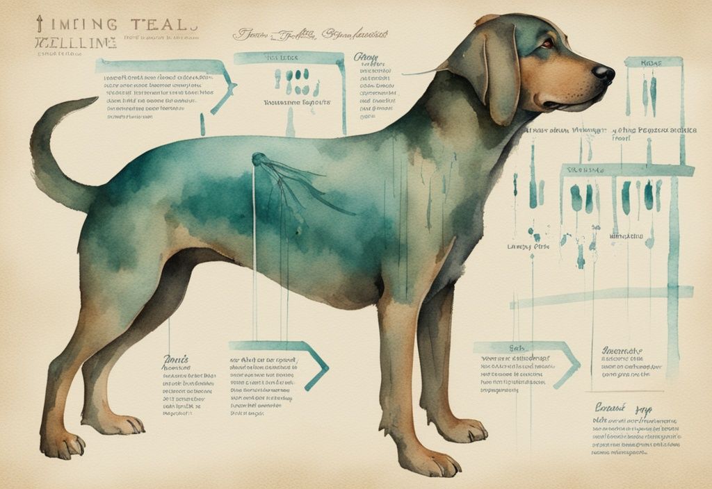 Vintage teal watercolor illustration of a dog's wound healing timeline from injury to recovery.