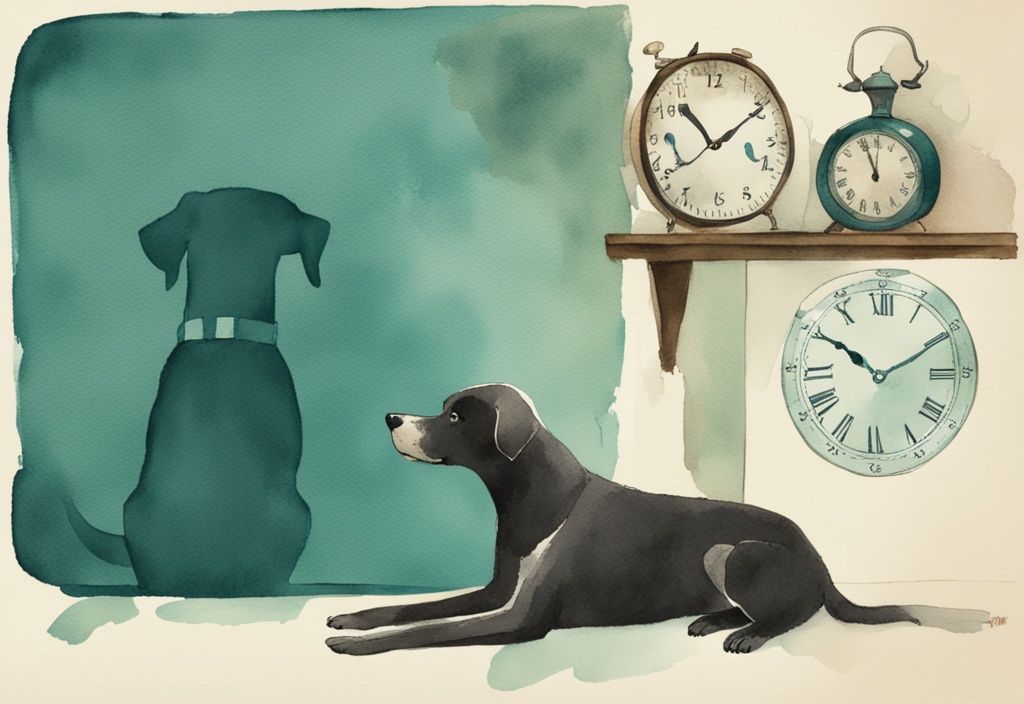 Vintage watercolor illustration featuring a teal-themed clock with marked time intervals next to a calm dog in a 'time-out' area, addressing the question "how long should I put my dog in time out".