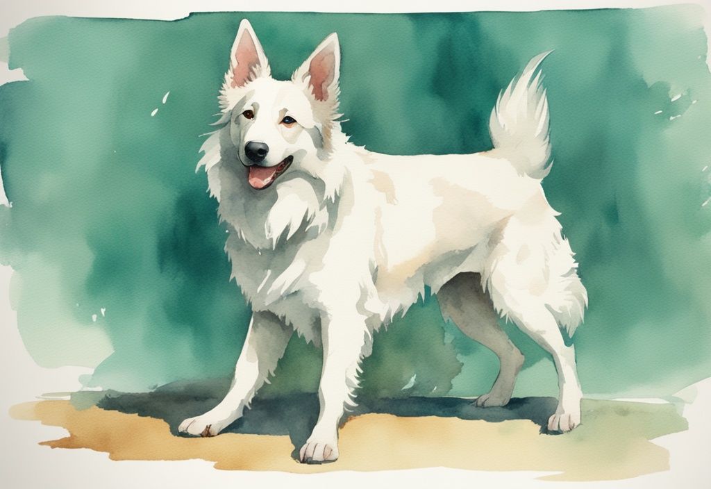 Vintage watercolor illustration of a playful white American Shepherd resembling Bolt, with a teal color theme.