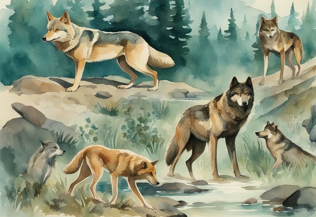 Vintage watercolor illustration of teal-themed wildlife featuring wolves, coyotes, and large birds, natural predators of dogs.